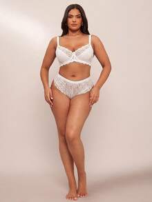SHEIN BAE CURVE 1 件大码女士蕾丝拼接舒适钢圈文胸，提升型 - 白色 - 查看 7