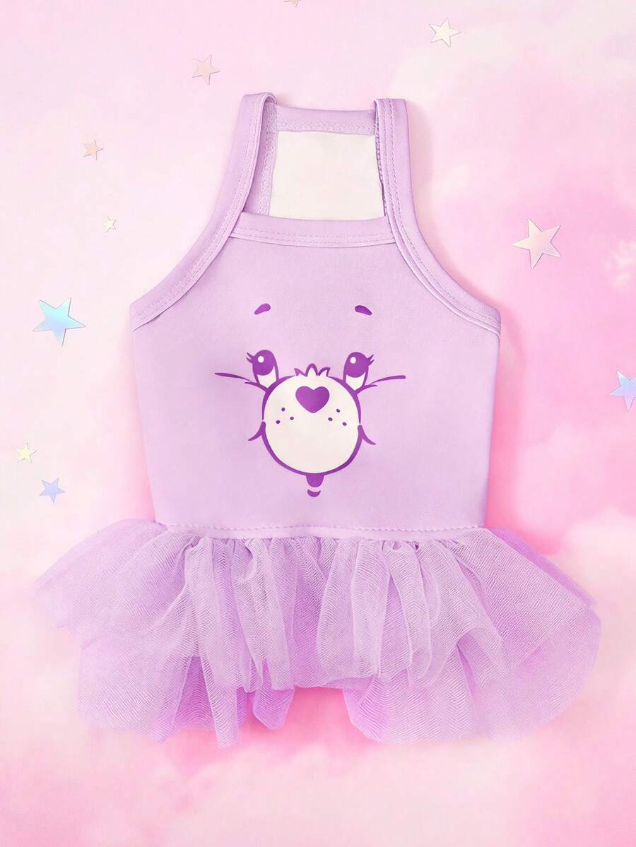 Care Bears X PETSIN 1件可愛印花愛心熊圖案紫色吊帶裙，春夏薄款公主風，適合貓狗，完美適用於室內舒適時光或戶外玩樂日 - 紫色 - 查看 1