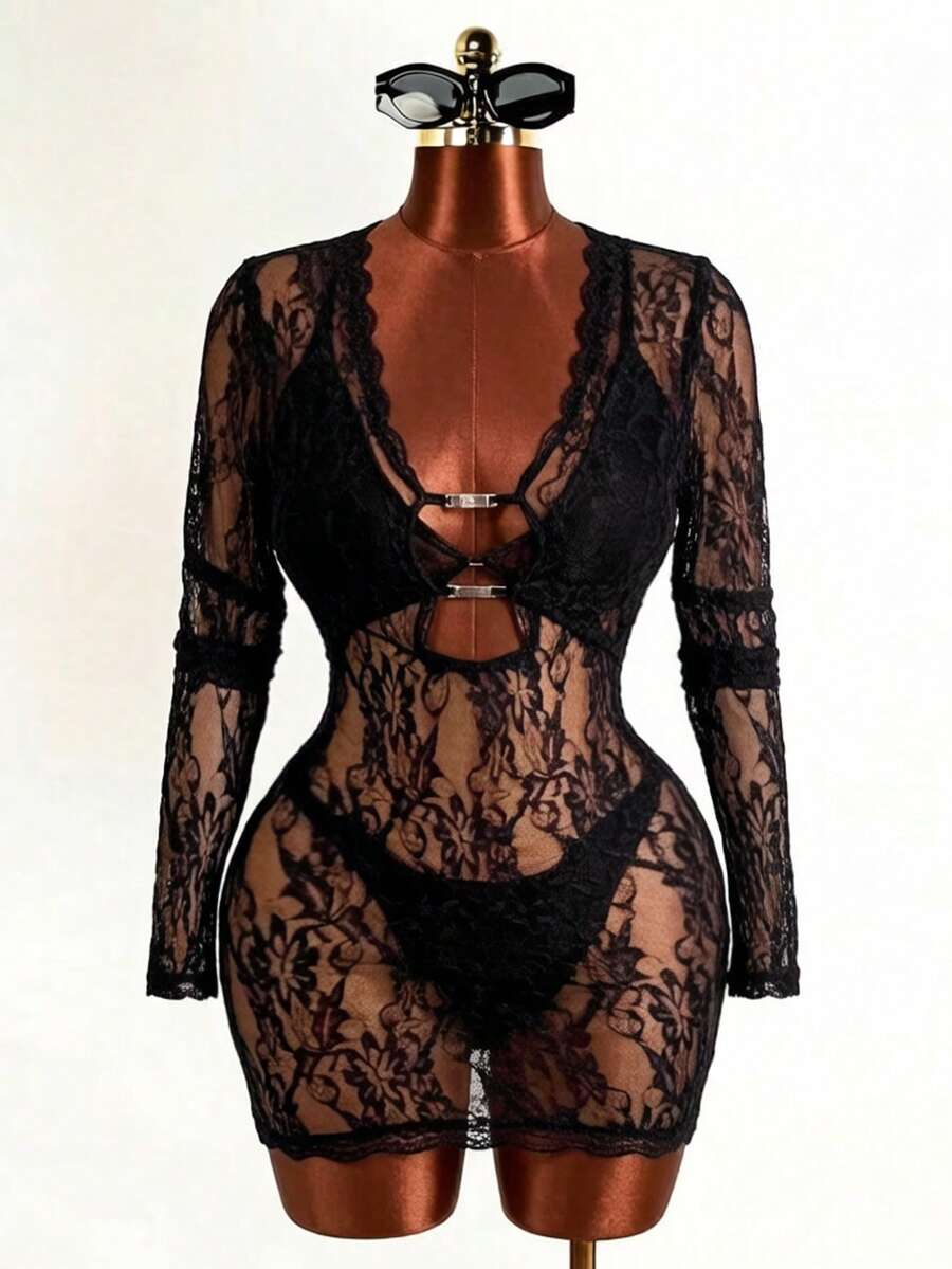 Maweii Gaun Mini Transparan Berbahan Renda Patchwork Ukuran Besar untuk Wanita, Cocok untuk Musim Gugur. - Hitam - View 1