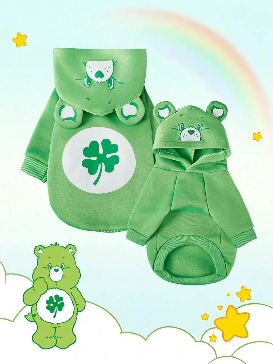 Care Bears X PETSIN 1件裝愛心熊綠色加厚保暖3D耳朵D級貓狗連帽衫,柔軟舒適,適合寒冷天室內慵懶或清爽天氣戶外玩耍 - 綠色 - 查看 1
