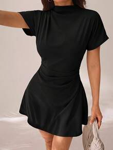 SHEIN PETITE 女款素色立領抓皺通勤 A 字版型迷你洋裝 - 黑色 - 查看 7