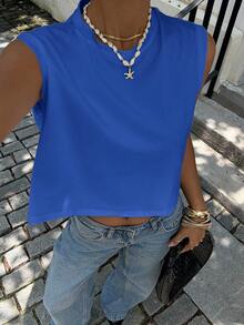 Siren Gaze Solid Color Wide Shoulder Casual Cropped Tank Top - Royal Blue - View 3