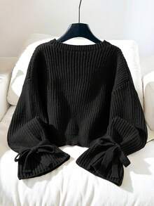 SHEIN 少女女孩純色圓領休閒日常長袖秋冬毛衣 - 黑色 - 查看 4