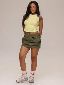 MUSERA Green Shell Cargo Button Detail Mini Skirt Winter Casual Day Comfy Outfit Cool  Green Womens Skirt - Khaki - View 2
