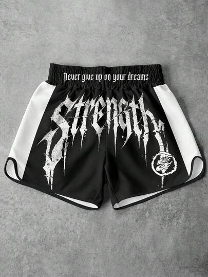 Manfinity EMRG Shorts Esportivos Masculinos Góticos Y2K Preto & Branco com Contraste de Cor, Estampa de Slogan com Letras de Força e Espinhos Desgastados, Cintura Elástica, Shorts Shorts de Fitness, Shorts de Treinamento Streetwear, Adequado para Férias de Verão, Festival de Música, Show, Festa em Clube, Uso Diário de Fitness
