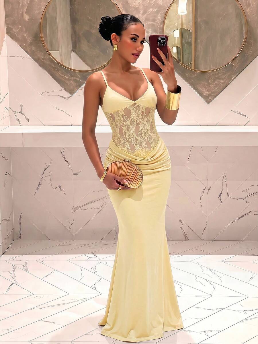 Slaydiva فستان طويل جديد لحفلات الصيف والعطلات الأنيقة، بتصميم شبكي مرقع وياقة هالتر وفتحة V عميقة غير متماثلة، باللون الأخضر المائي والأزرق - A - أصفر فاتح - مشاهدة 1
