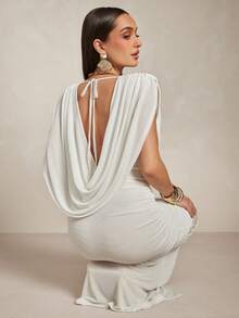 Silquee Women's Sexy Off-White Deep V-Neck Slim-Fit Dress With Draped Pleats Elegant Casual Luxury Formal Festival Party Dinner Formal Wedding Summer - White - View 8