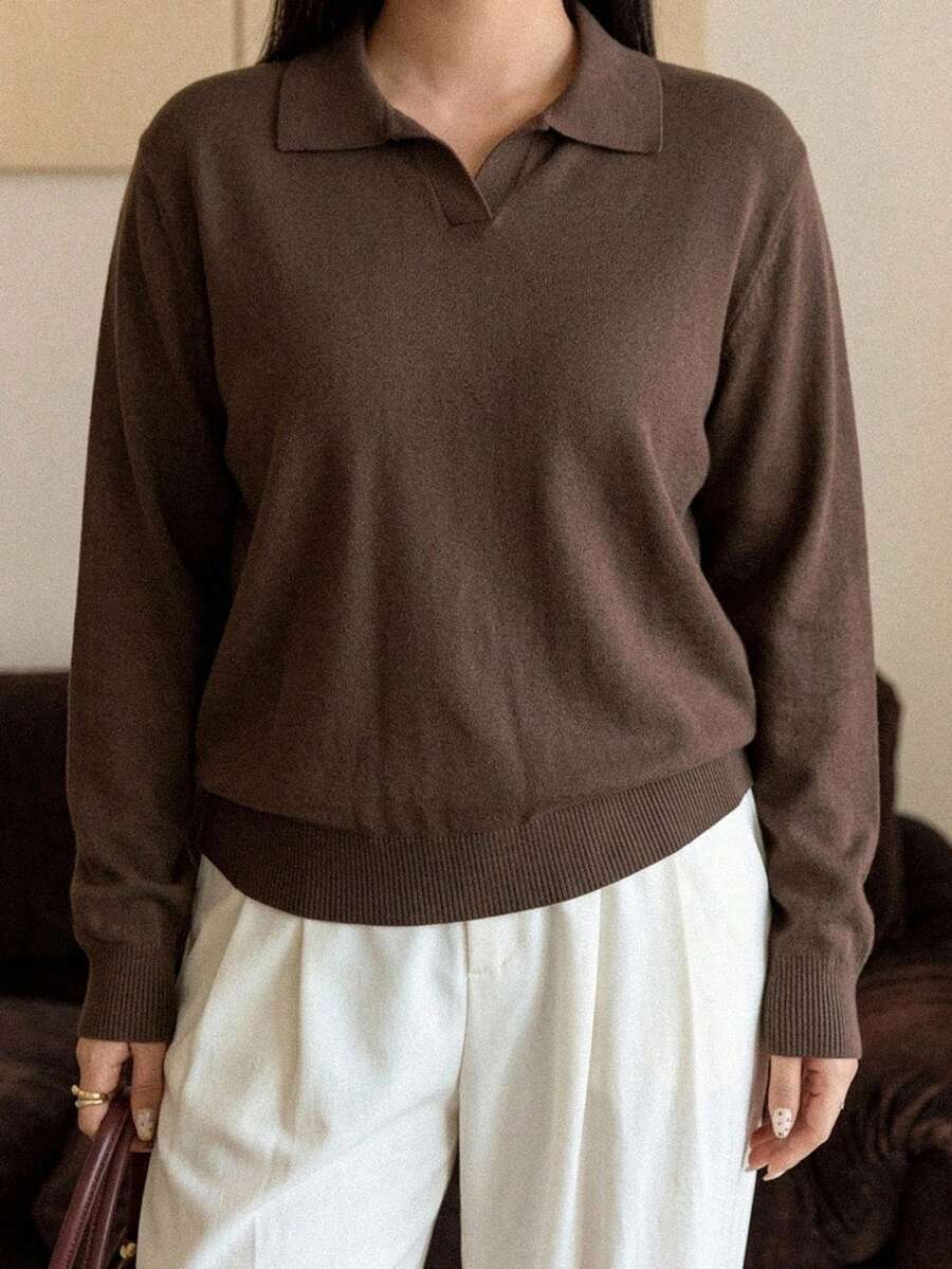 Dazy Plus Solid Color Loose Casual Collared Versatile Brown Autumn/Winter Pullover Sweater - Brown - View 1