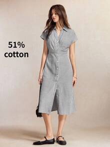 BizChic Striped Cinched Waist Cap Sleeve Dress, Vintage French Elegant Business Formal Vacation Countryside Slouchy Commute Date Daily Office Slimming Elegant Sexy Versatile Summer Autumn Halloween Back To School Party Birthday Wedding Guest Church Special Occasion Outing Beach Gathering Social Holiday Shopping Travel Minimalist Luxury - Black and White - View 5