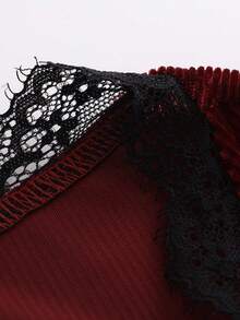 LUMIGAL Burgundy Vintage Romantic Velvet Contrast Lace Design Blouse, Autumn New Long Sleeve Flare Sleeve Elegant Top - Burgundy - View 6