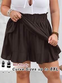 SHEIN CURVE+ Curve Size US22Music Festival, Seaside Vacation, Bohemia Women Solid Color Ruffle Hem Loose Shorts - Brown - View 8