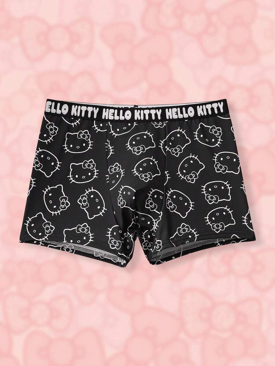 HELLO KITTY AND FRIENDS | SHEIN 男士柔软舒适猫咪字母图案腰带平角裤 - 黑色 - 查看 1