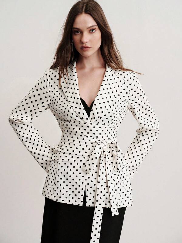 Aveloria Modichic Women's Blazer Slim Fit Waist Tie Lapel Collar Business Casual Elegant Vintage White Black Polka Dot Business Casual For Women Holiday