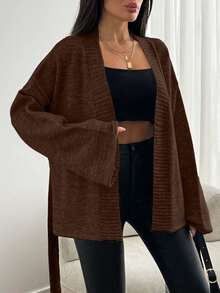 EURMUSE Women Solid Color Dropped Shoulder Long Sleeve Loose Tie-Front Casual Cardigan - Brown - View 4