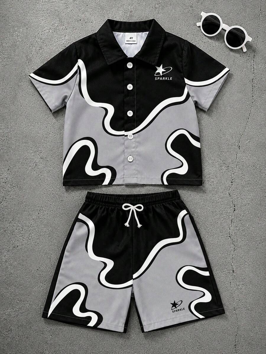 Young Boys' Black Gray White Color Block Abstract Wave Print "SPARKLE" Star Pattern Woven Collar Short Sleeve Shirt With Elastic Waist Bow Decor Woven Shorts Set, Street Style Cool, Toddler Young Boys' Short Sleeve Shorts Set, Toddler Young Boys' Clothing, Toddler Young Boys' Shirt Set, Casual Cool Style, American Vintage Style - Multicolor - View 1