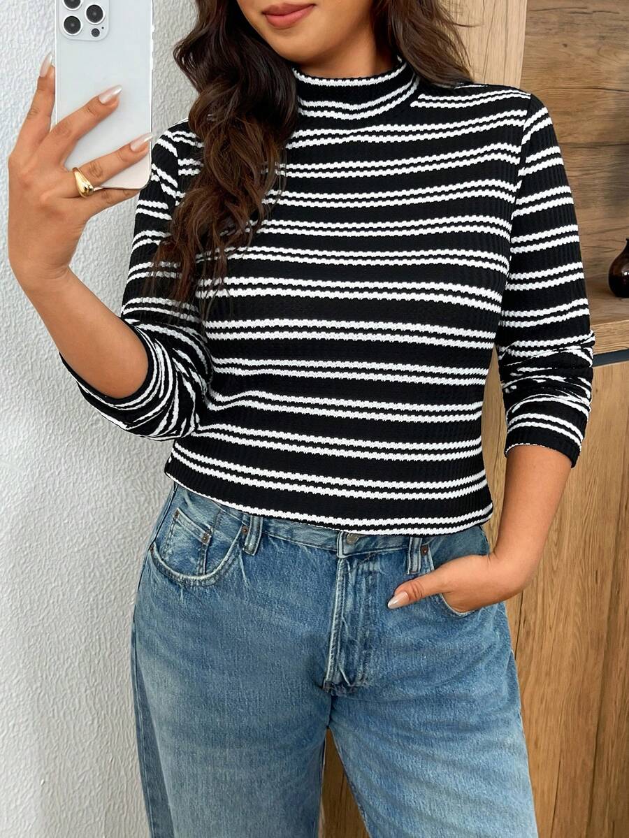 SHEIN Frenchy Plus Size Women's Striped Colorblock Casual Versatile Daily Wear T-Shirt Fall