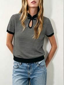 SHEIN Women's Elegant Classic Black And White Striped Knit Contrast Color Short Sleeve Small Stand Collar New Chinese Style Frog Button T-Shirt, Suitable For Dating, Daily Life, Gathering, Outdoor, Commute, Street And Home Occasions, Graduation Season, Fashion Casual Commute Wear, Business Office Wear, Daily Casual Wear, Urban Teacher Professional Wear. - Black - View 4
