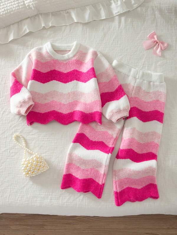 Conjunto de 2 piezas de suéter y pantalones para niñas jóvenes, moda casual linda, suéter de punto con cuello redondo y rayas degradadas en rosa + pantalones de punto de pierna ancha con rayas en rosa, suave y cómodo, adecuado para uso diario, salidas, viajes y vacaciones