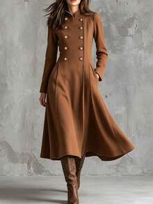 SHEIN Holidaya Mantel Trench Wanita Musim Gugur/Dingin, Atasan Berwarna Cokelat, Cocok untuk Kantor, Kerja, Acara Malam, Busana Tahun Baru dengan Gaya Napoleon yang Elegan - Coklat - View 5