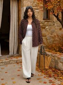 SHEIN Frenchy Plus Size Shirt, Plus Size Autumn Shirt, Plus Size Long Sleeve Polka Dot Shirt, Brown Polka Dot Shirt, Brown Top, Loose Casual Shirt, Plus Size Autumn/Winter Clothing - Brown - View 9