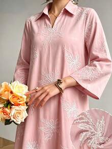 Al Najma Collared Eyelet Embroidery Casual Long Dress - Dusty Pink - View 5