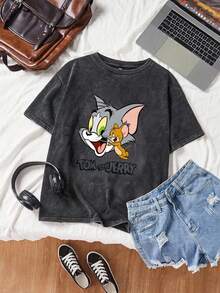 TOM & JERRY X SHEIN SHEIN EZwear 女款黑色針織雪花卡通印花寬鬆T恤，適合外出、街頭穿搭、機場、時尚、返校、Y2K、派對、海灘度假、假日 - 彩色 - 查看 8