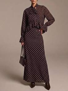 COSMINA Women's Casual Vintage Elegant Ruffle Blouse Chiffon Brown And White Polka Dot Set Dinner Party Fall - Brown - View 2