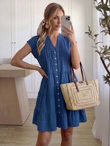 Easowa V-Neck Wide Ruched Ruffle Multi-Layer Hem A-Line Loose Doll Dress Button Front Shirt Dress Casual Relaxed Elegant Commute Vacation Blue - Blue - View 2
