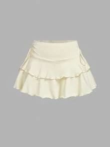 SHEIN Tall 女款純色百褶休閒百搭日常穿著蛋糕裙 - 淡黃色 - 查看 1