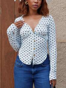 Yess Loren Frühlings- und Sommer BOHO Urlaubs-Valentinstag Musik-Festival Lässig Polka Dot V-Ausschnitt Langarm Strickbluse für Frauen - Blau - Übersicht 6