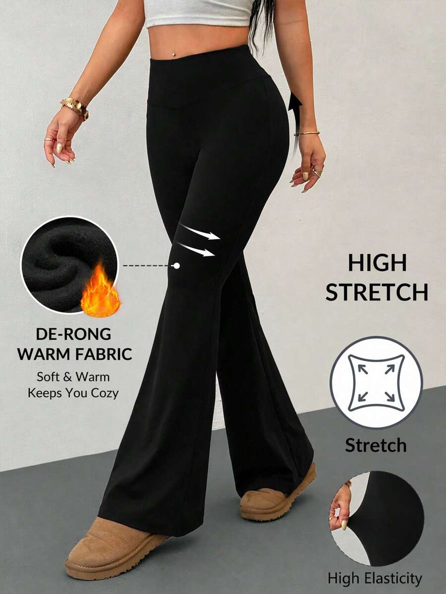 SHEIN PETITE 女款素色高腰休閒百搭日常喇叭褲 - 黑色 - 查看 1
