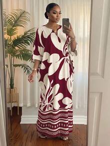SHEIN Lady CURVE 大尺碼優雅 Eleganza 淑女通勤婚禮賓客度假花卉印花洋裝 白色夏季 - 酒紅色 - 查看 5