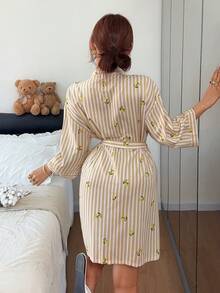 Napfluff Lemon Print Vertical Stripe Pocket Design Casual Kimono Style Tie-Front Robe - Yellow - View 2