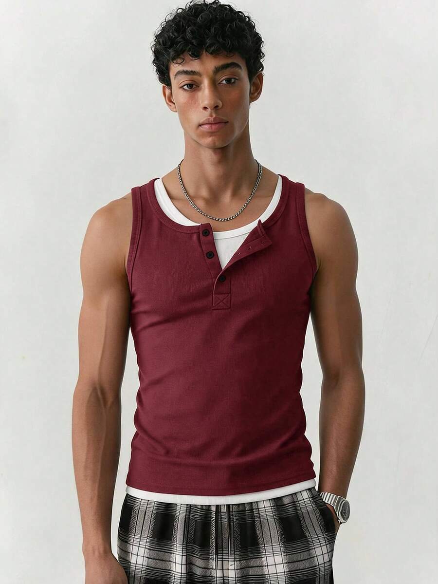 SWAVVY 休閒男士鈕扣設計二合一背心 - 酒紅色 - 查看 1