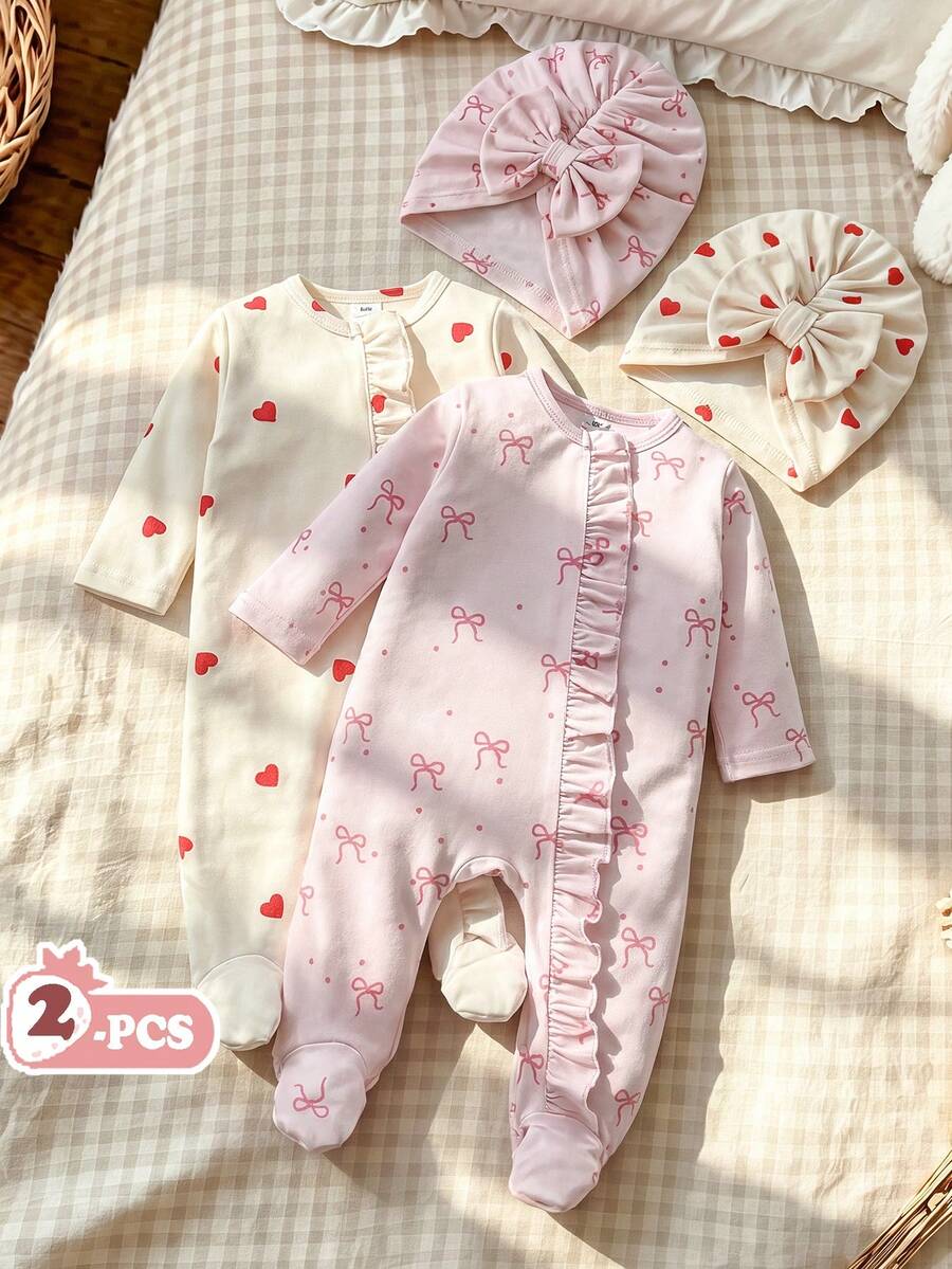 SHEIN Vintaside Kids 秋冬新生兒蝴蝶結印花可愛嬰兒連身衣 + 帽子 - 彩色 - 查看 1