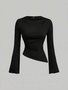 SHEIN MOD 女款 2 件組 酒紅與杏色圓領抓皺喇叭袖收腰不對稱下擺百搭長袖 T 恤內搭層 - 黑色 - 查看 5