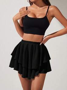 SHEIN PETITE High Waist Layered Hem Ruffle Skirt - Black - View 6