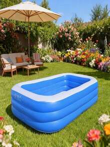 Large Inflatable Pool, Ocean Theme, Adorable & Durable Pvc Material, Foldable & Portable, Ideal For Family Garden Parties And Backyard Entertainment, Patio Decor Pool, Colorful - Blue and White - View 4