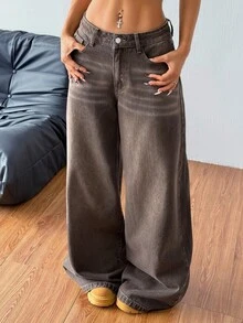 SHEIN CURVE+ 大尺碼女款口袋寬腳鬆身休閒百搭牛仔長褲 - 棕色 - 查看 4