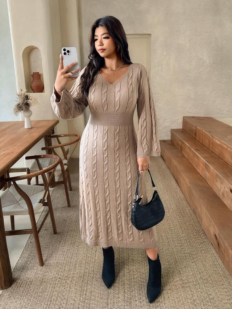 Lounesse Plus Size Women Solid Color V-Neck Casual Business Elegant Daily Knit Dress Fall Formal Date Night Vacation Evening Party Office Wedding Khaki