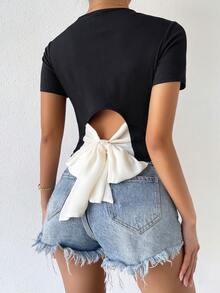 SHEIN Tie Back Rib Knit Top - Black - View 2
