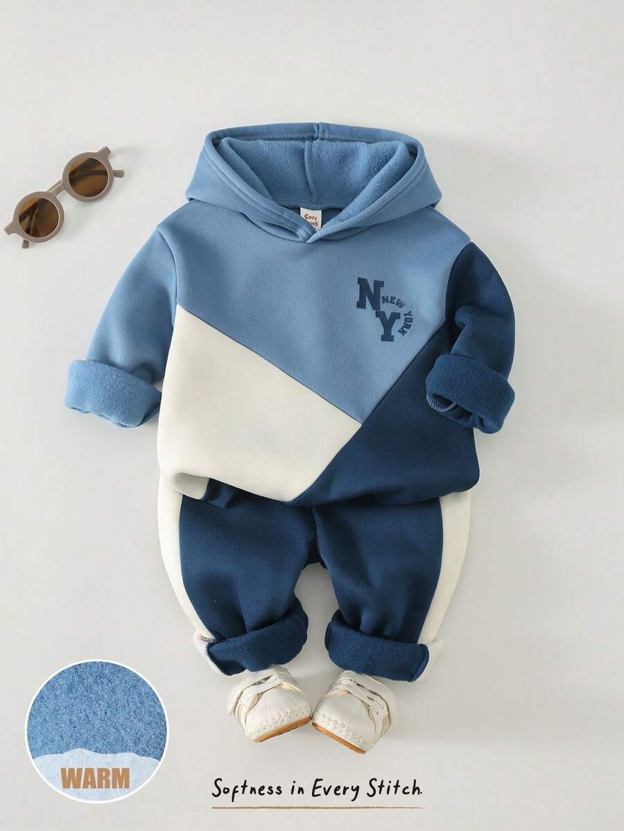 Cozy Pixies 2pcs Baby Boy LA Letter Pattern Contrast Color Knit Soft Hooded Long Sleeve Pullover Sweatshirt Elastic Waist Long Pants Fleece Lined Brushed Thick Suitable For Winter - Multicolor - View 1
