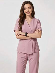 TaskEZ Women's Light Pink Cross Collar Tie Short Sleeve Flared Pants Scrub Uniform Set, Gentle Elegant Practical Scrub - Pink - View 3