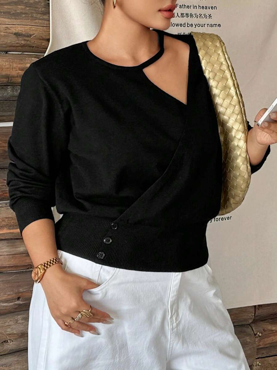 Dazy Plus Solid Color Asymmetric Neckline Hollow-Out Waist-Cinching Short Long Sleeve Black Autumn/Winter New Pullover Sweater - Black - View 1