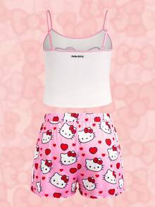 HELLO KITTY AND FRIENDS | SHEIN Set Piyama Wanita Ukuran Besar Musim Panas Motif Kartun Lucu, Kamisol dan Celana Pendek - Berwarna merah muda - View 2