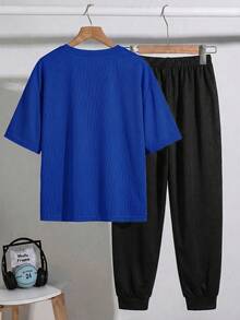 SHEIN Tween Boy Casual Colorblock Patchwork Sports Pattern Crew Neck Short Sleeve Top And Long Pants 2pcs Set Suitable For Commuting School Daily Casual Outings Sports Spring Summer - Royal Blue - View 2
