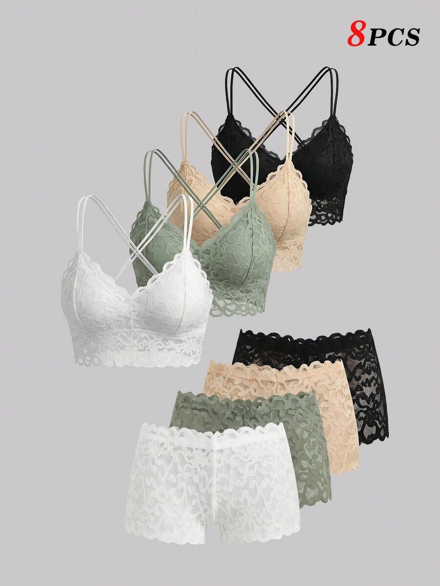 SHEIN MOD 4sets Floral Lace Bra & Boyshorts Lingerie Set - Multicolor - View 1