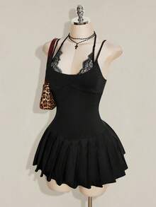 SHEIN ICON Y2K 女款黑色蕾絲拼接性感迷你洋裝，適合約會與外出穿搭 - 黑色 - 查看 4