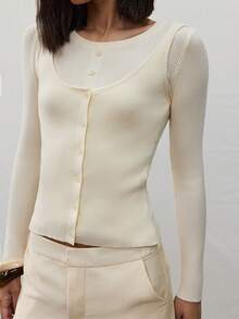 MERLEAU-F Damen Modern Lässig Französisch Elegant 2 In 1 Strick Creme Weiß Top Büro Herbst,Arbeitsoutfits für Frauen,Büro Lässig,Lehrer Arbeits Tops - Beige - Übersicht 3