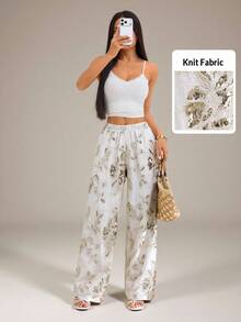 SHEIN PETITE 女款休閒優雅 Mama Mia 珠飾刺繡亮面長褲，白色，情人節服飾，戶外夜間派對度假穿搭，花卉圖案 - 杏色 - 查看 7
